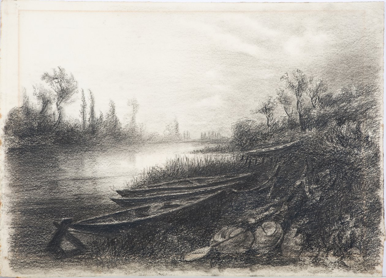 Flodscene med både, ca. 1916 (kul på papir) af Daniel Oliver