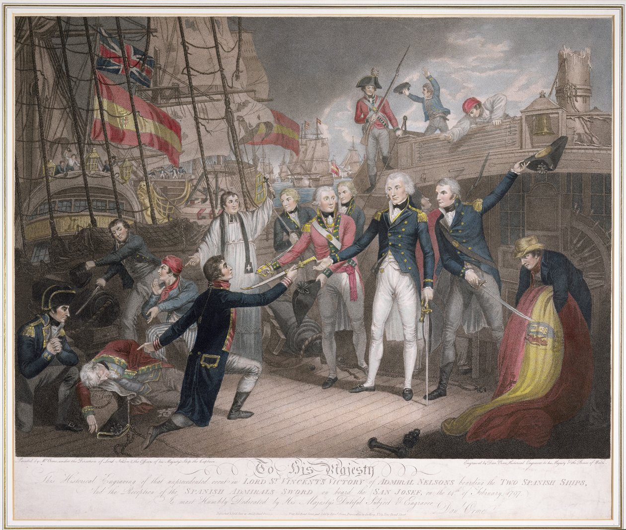 Admiral Nelson går om bord på de to spanske skibe, 14. februar 1797, offentliggjort 21. juni 1800 (akvatint og gravering) af Daniel Orme