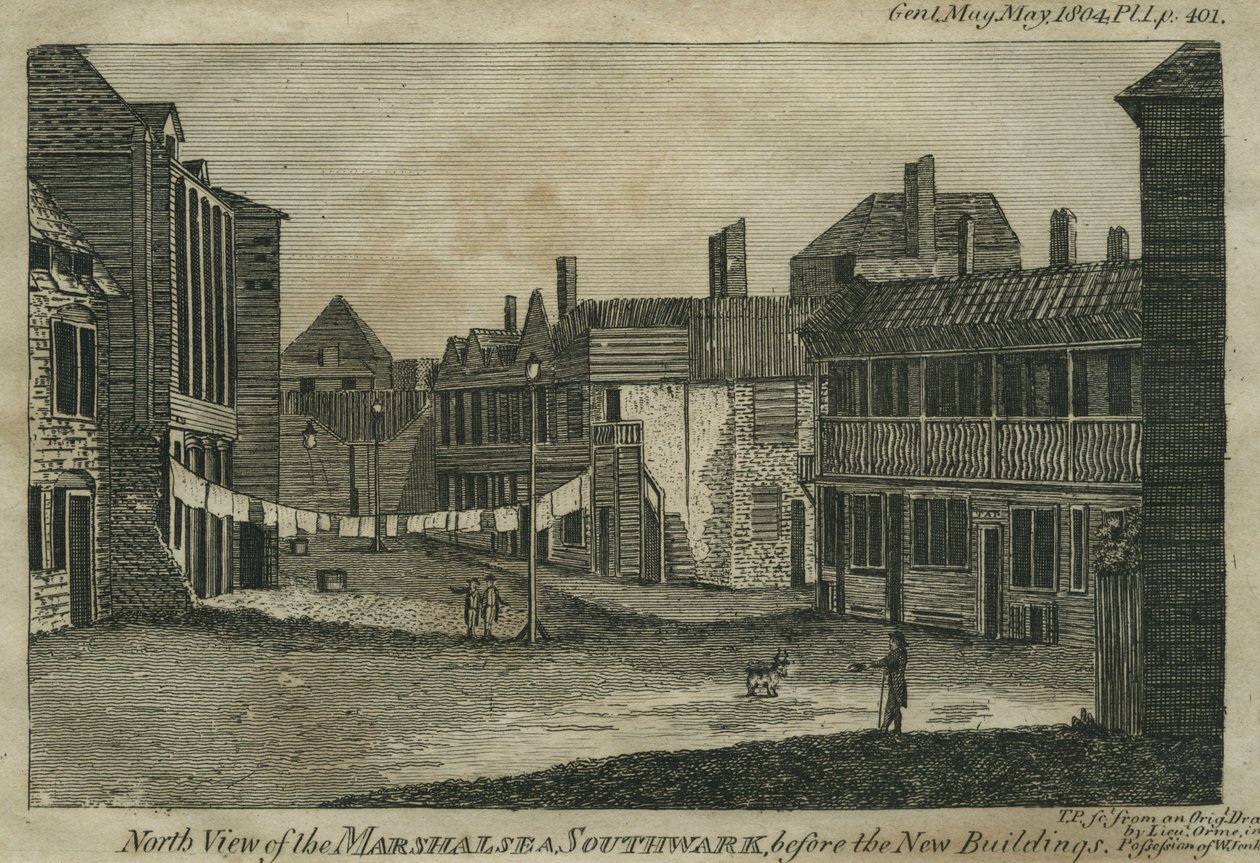 Nordlig udsigt over Marshalsea, Southwark, før de nye bygninger, indgraveret af T.P., ca. 1804 af Daniel Orme