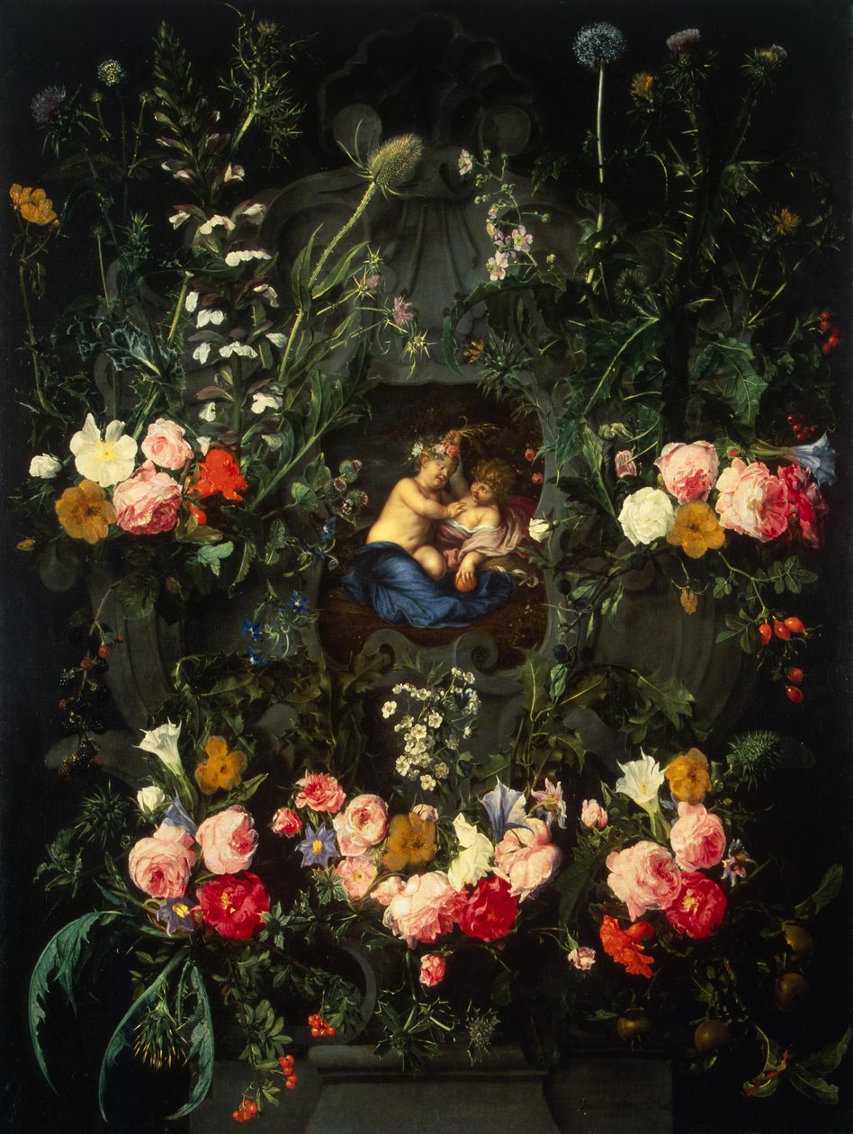 Krans af blomster omkring en kartus med Jesus og Johannes Døberen som børn. af Daniel Seghers