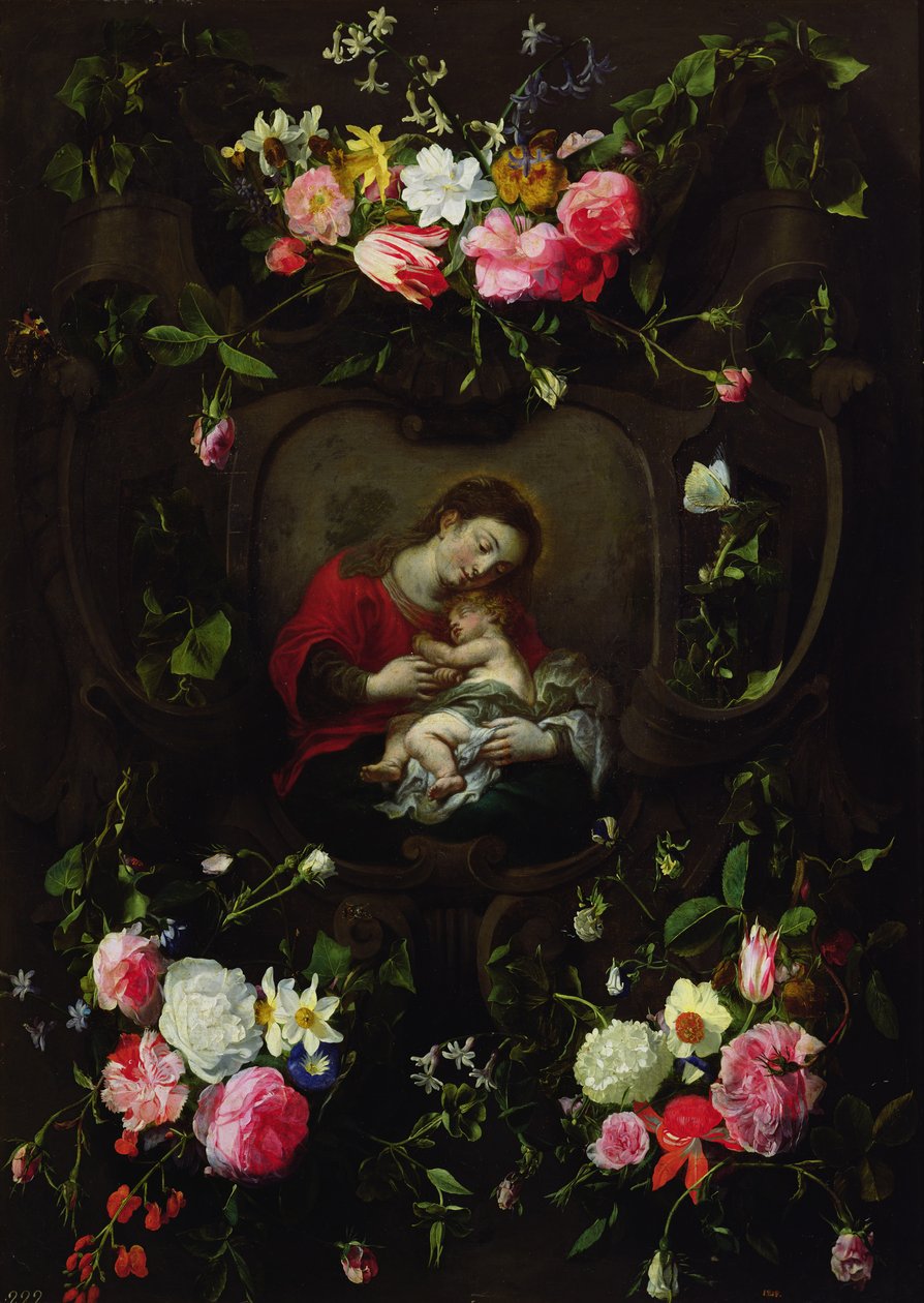 Jomfruen og barnet i en blomsterkrans af Daniel Seghers