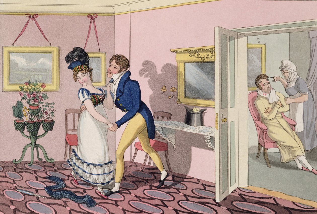 Intrige, planche 10 fra "The Necessary Qualifications of a Man of Fashion", udgivet 1823 (håndkoloreret akvatint) af Daniel Thomas Egerton