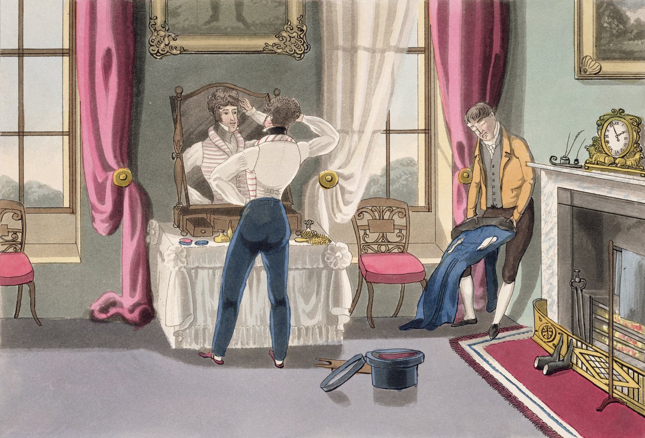 Negligence, planche 1 fra "The Necessary Qualifications of a Man of Fashion", udgivet 1823 (håndkoloreret akvatint) af Daniel Thomas Egerton