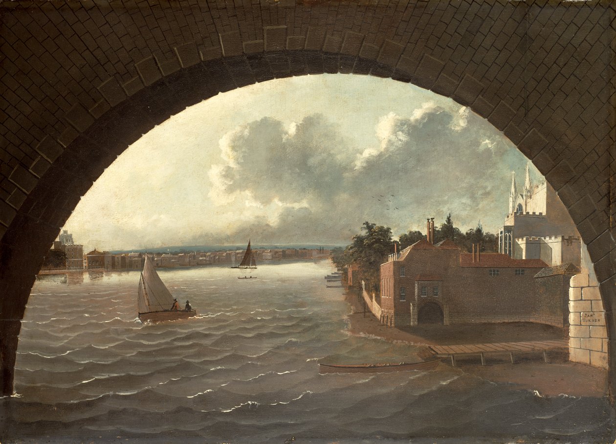 Themsen ved Westminster set gennem buen på en bro af Daniel Turner