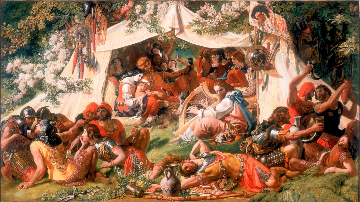 Alfred den saksiske konge, forklædt som en Minstrel, i Danerens Guthrums telt, ca. 1852 (olie på lærred) af Daniel Maclise