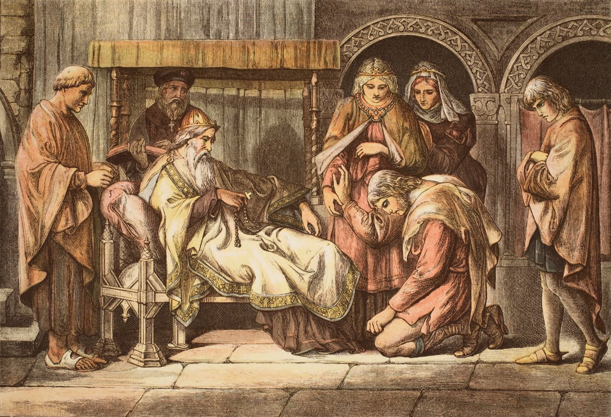 Harold, der vender tilbage fra Normandiet, præsenterer sig for Edvard Bekenderen, indgraveret af JD Cooper (farvet indgravering) af Daniel Maclise