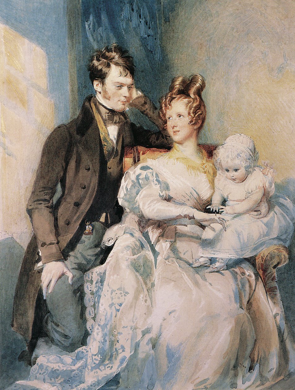 Portræt af hr. og fru MacGregor med deres barn (blyant og akvarel med hvid forhøjning på papir) af Daniel Maclise