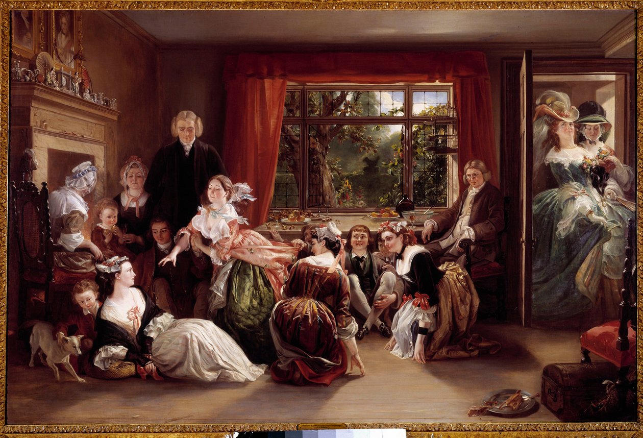 Tøffeljagtens spil Spilscene i et engelsk borgerligt interiør. Maleri af Daniel Maclise (1806-1870) 1800-tallets privatsamling af Daniel Maclise