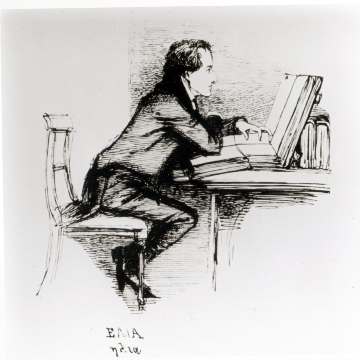Portræt af Charles Lamb (1775-1834) (pen og blæk på papir) (s/h foto) af Daniel Maclise