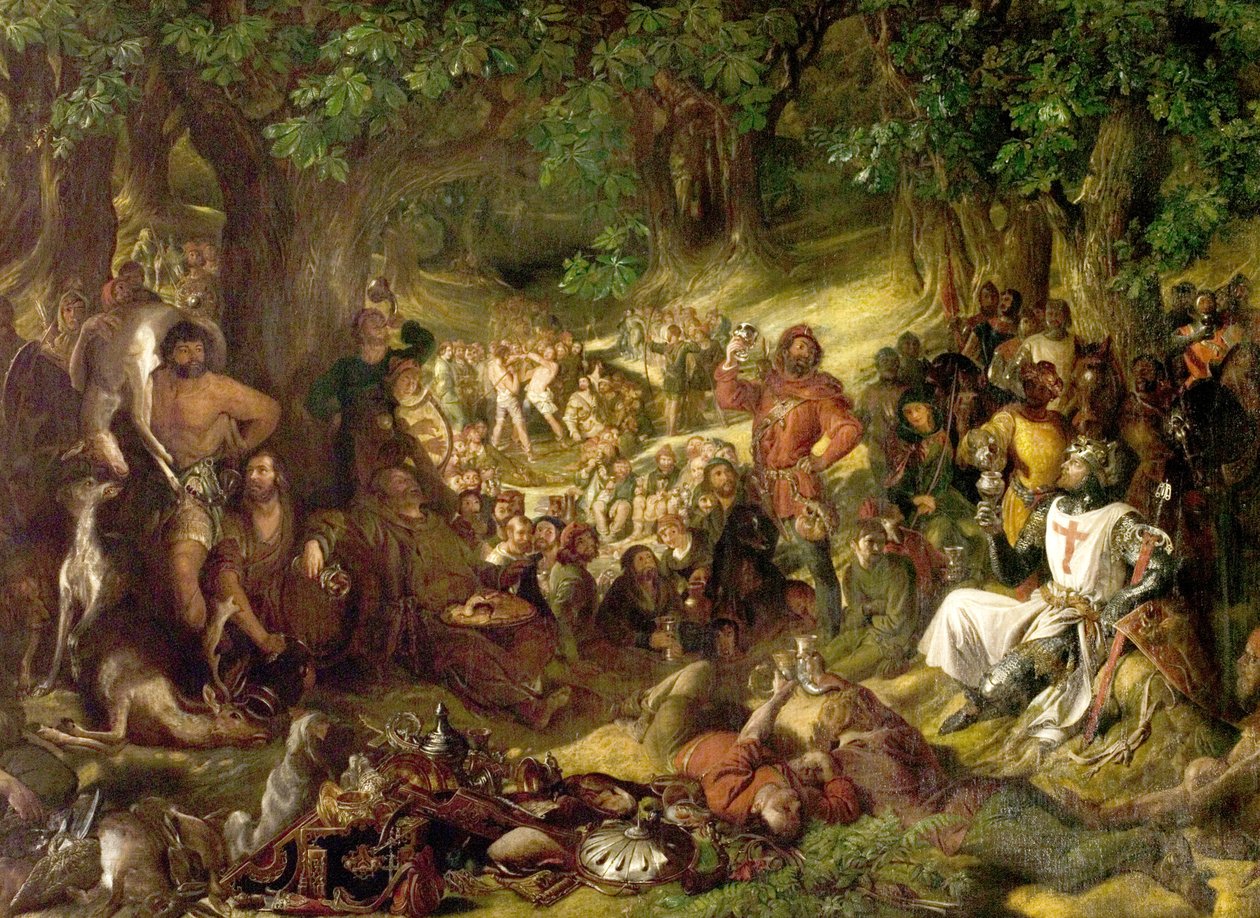 Robin Hood og hans glade mænd underholder Richard Løvehjerte i Sherwood Forest af Daniel Maclise