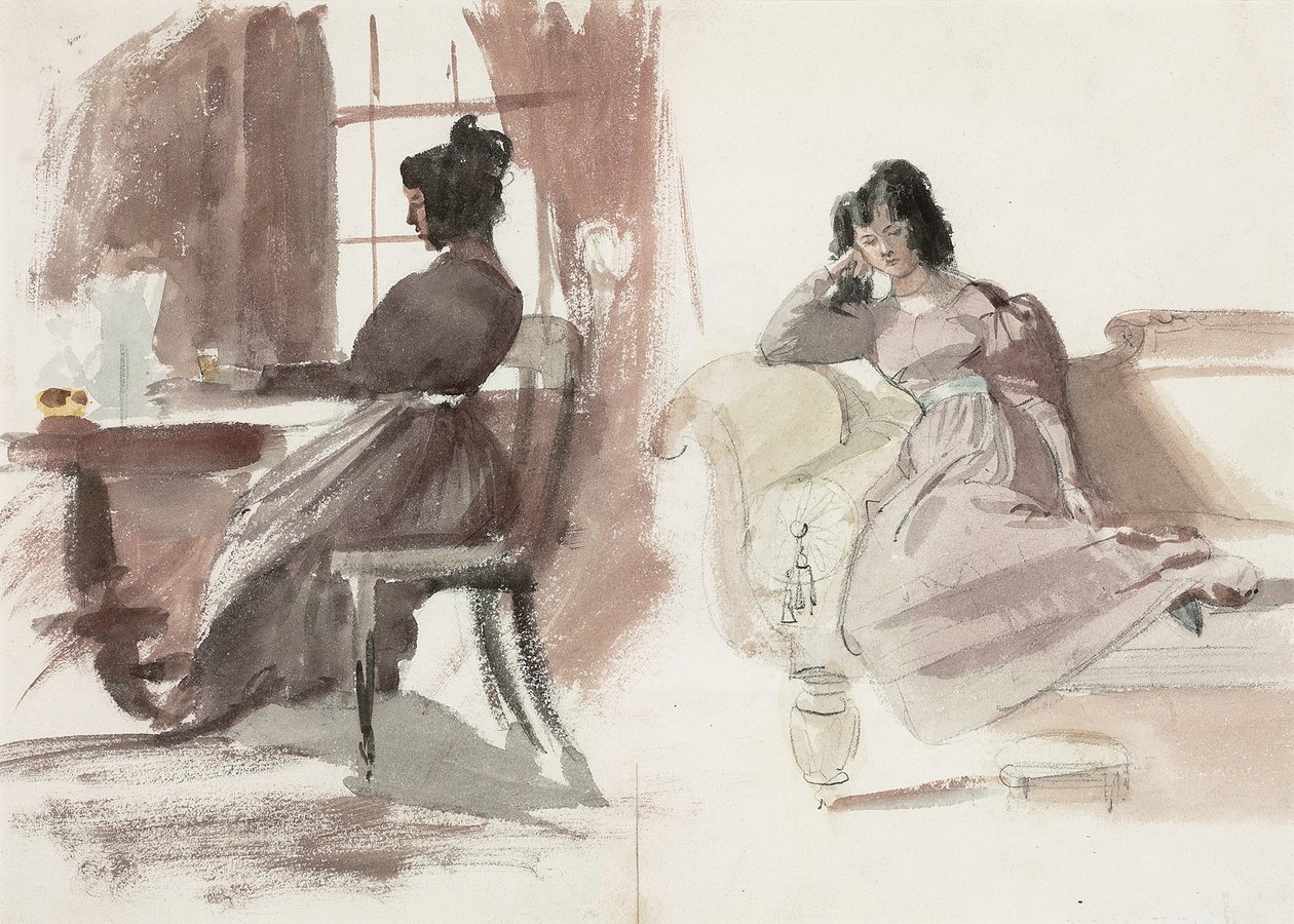 Studier af en ung dame i en lyserød kjole, siddende ved sit skrivebord og siddende på en chaiselong (blyant og akvarel på papir) af Daniel Maclise