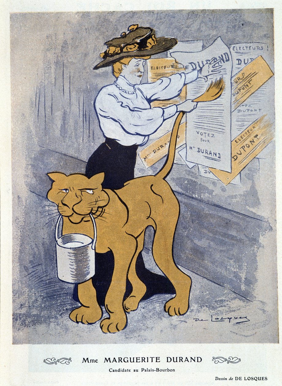 Marguerite Durand klistrer sin valgplakat, illustration fra 
