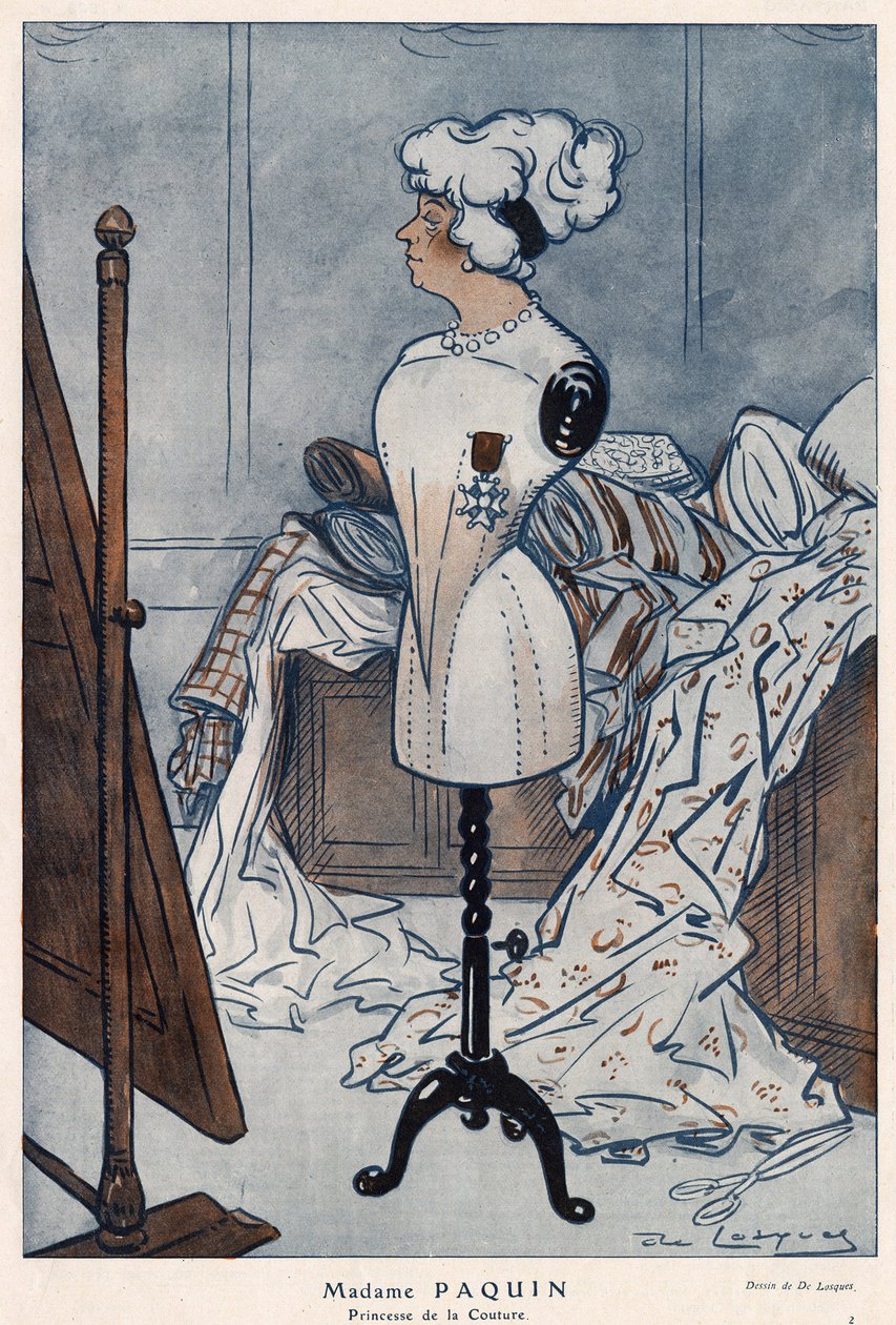 Madame Jeanne Paquin (1869-1936), fransk couturiere, repræsenteret med Æreslegionens kors, som hun netop har opnået - illustration af Daniel De Losques (Henri Casimir Paul Thhouroude dit) (1880-1915) i "" Fantasio"" af 1913 af Daniel de Losques