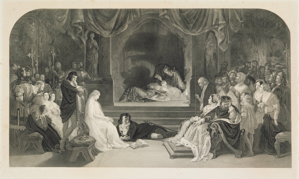 The Play Scene, Act III, Scene II of Hamlet af William Shakespeare, indgraveret af Charles W. Sharpe (litho) af Daniel (after) Maclise