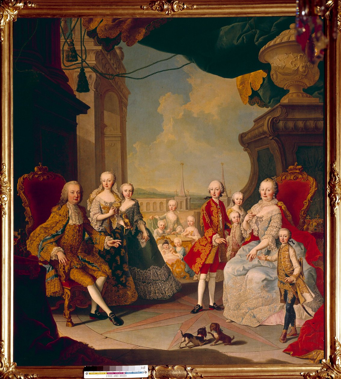 Francois I af Det Hellige Rige (1708-1765) og hans kone, imponen Marie Therese Iere (1717-1780) med deres elleve børn på terrassen på slottet Schönbrunn (eller Schönbrunn) Den kommende dronning Marie Antoinette poserer stadig i centrum baby. Maling af Daniel (and Studio) (after) Mytens