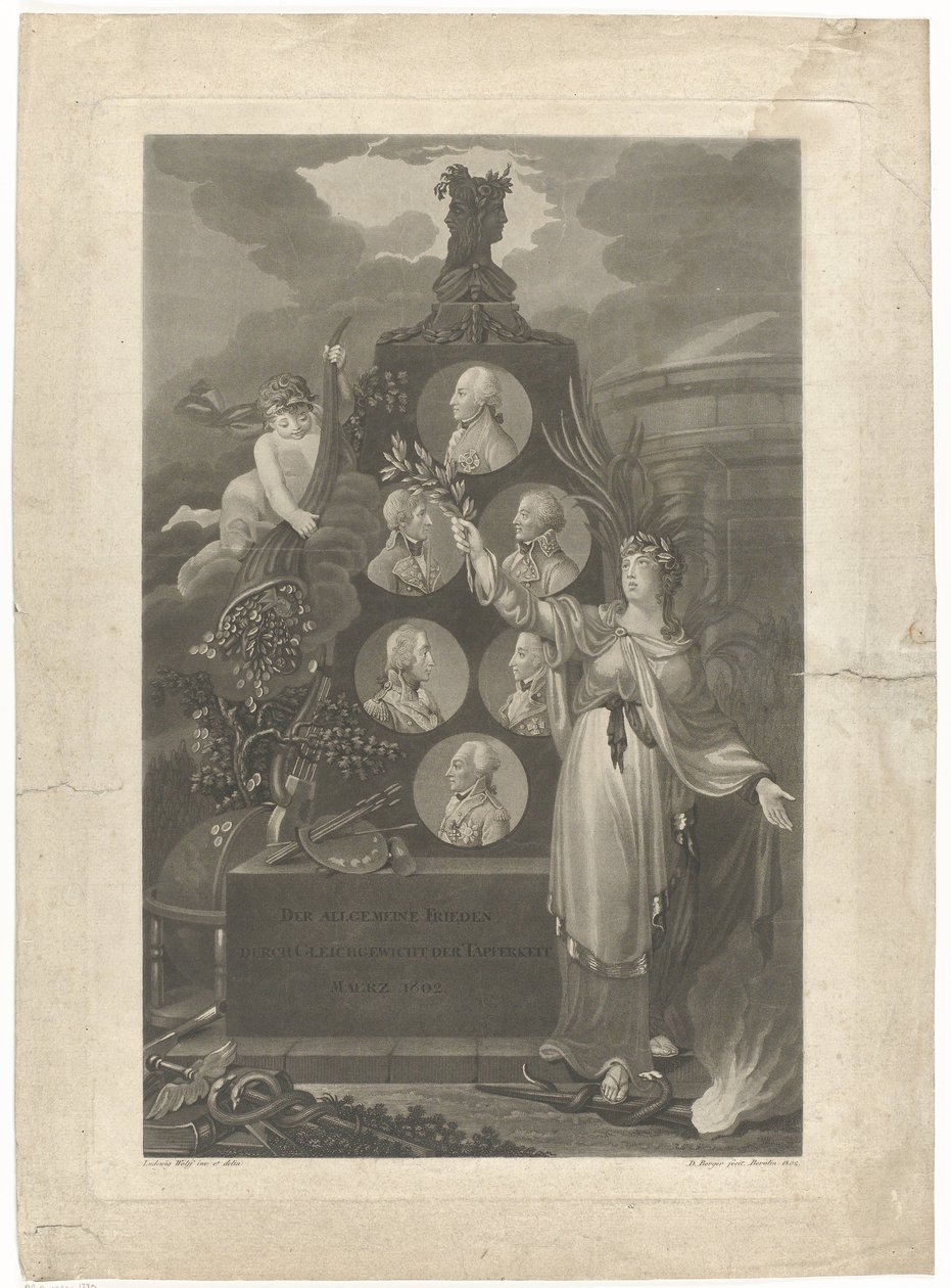 Allegory op de Vrede van Amiens, 1802 Den generelle fred gennem balance mellem tapperhed marts 1802 (titel på objekt) af Daniel Berger