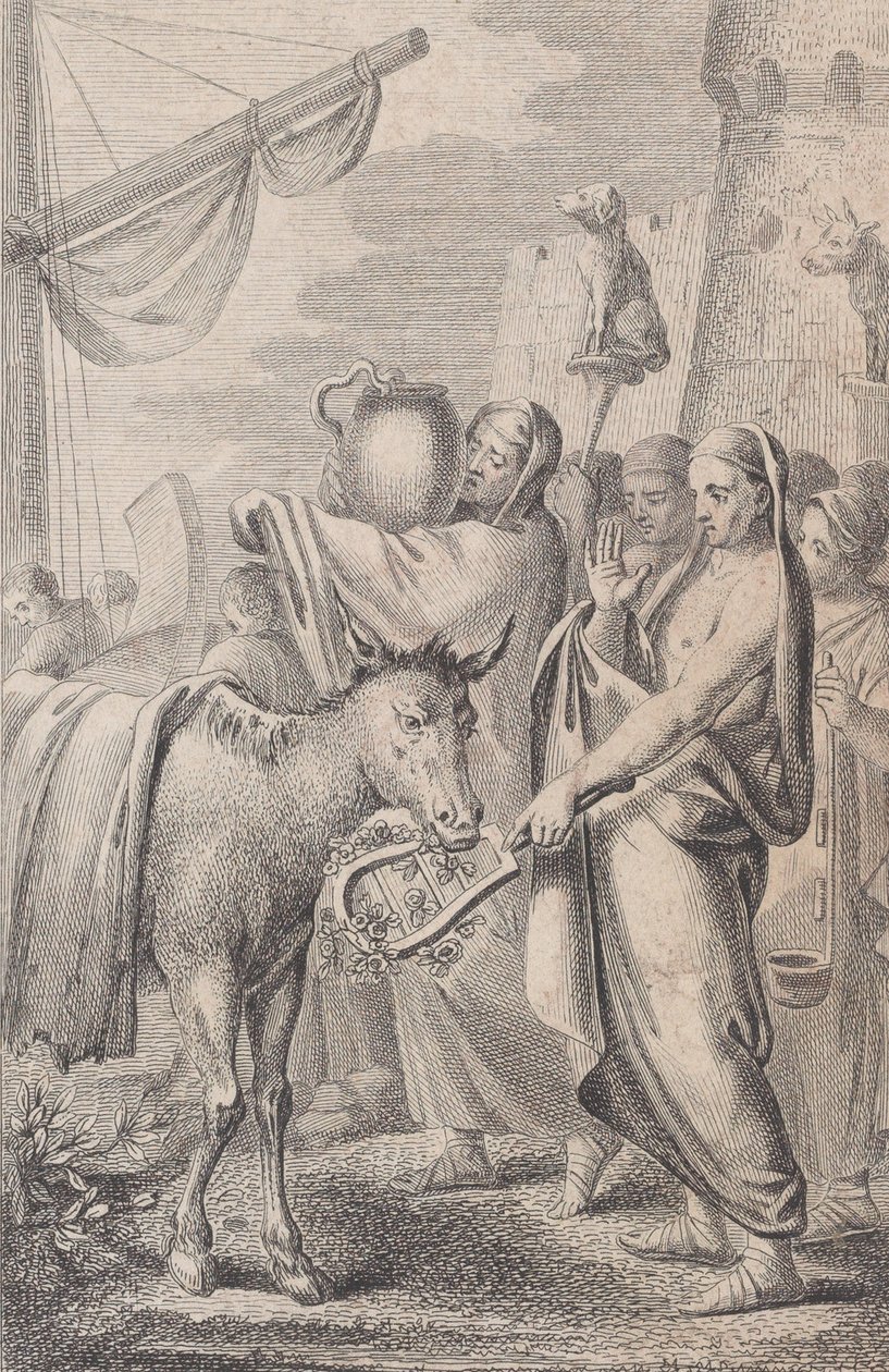 Figurer til højre nær et skib, nogle holder dyr op over hovedet, en hest til venstre, 1783 af Daniel Berger