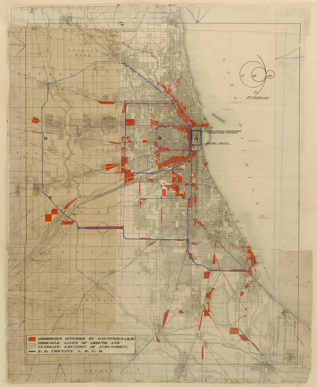 Plan for Chicago, Chicago, Illinois, Railroad Circuits Diagram, 1909. af Daniel Burnham