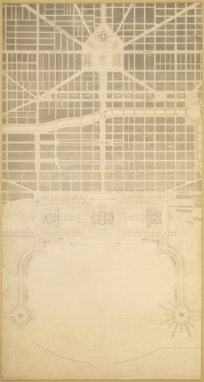 Plade 129 fra planen for Chicago, 1909: Chicago. Forretningscentret i byen inden for ... af Daniel Burnham