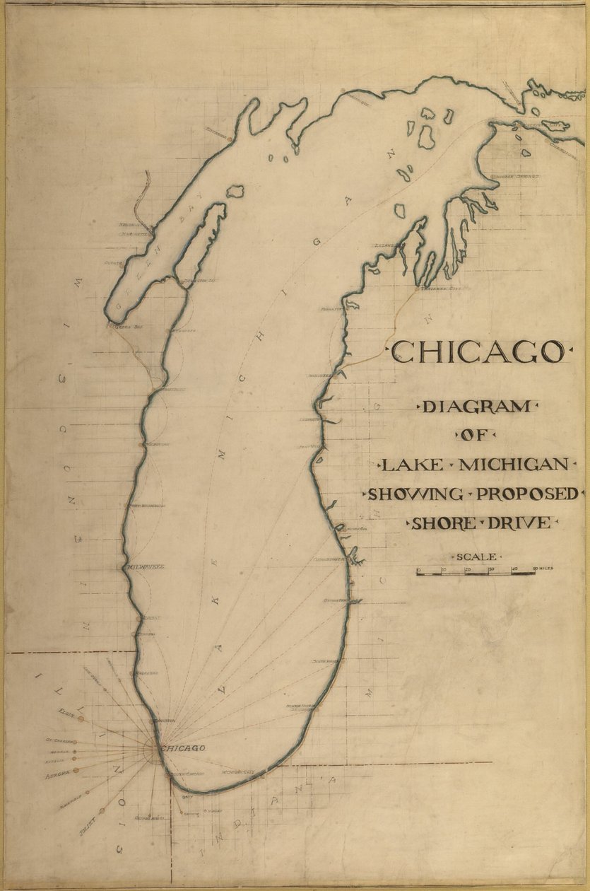 Plade 35 fra Plan of Chicago 1909: Chicago, and Diagram of Lake Michigan. Foreslået vejbane... af Daniel Burnham