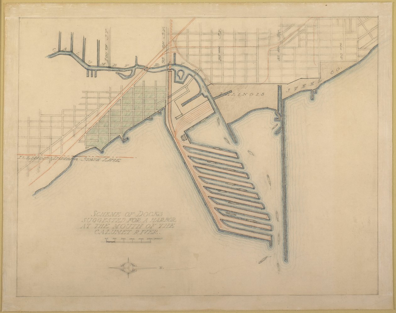 Plade 72 fra The Plan of Chicago, 1909: Chicago. Skitsediagram af dokker foreslået ved munden... af Daniel Burnham