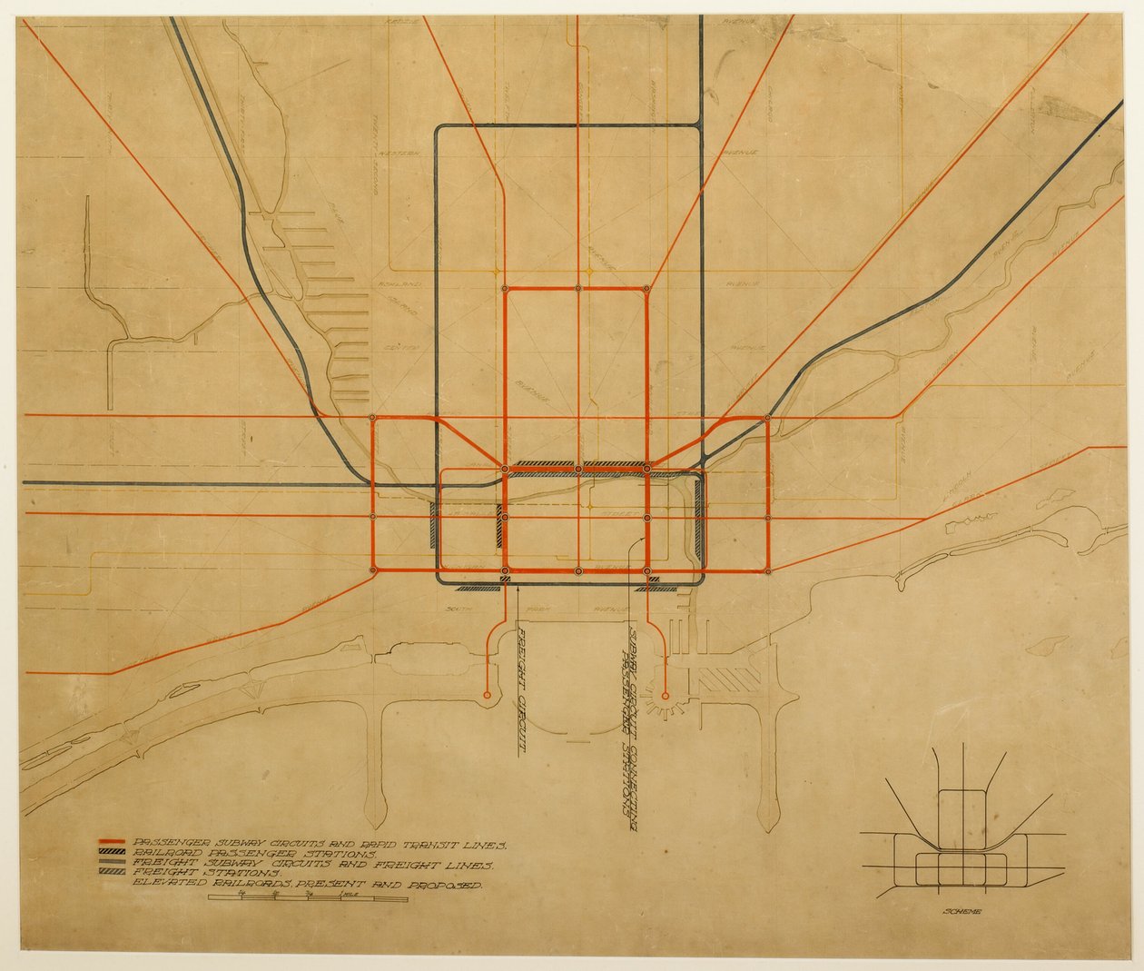 Plade 75 fra The Plan of Chicago, 1909: Chicago. Diagram over byen, der viser komplet system... af Daniel Burnham