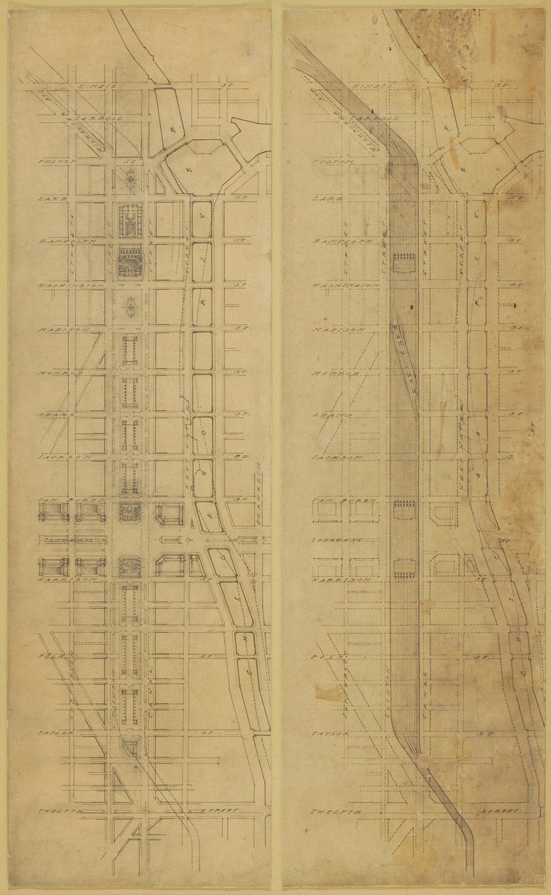 Plade 78 2 Tegninger fra The Plan of Chicago, 1909: Foreslået placering og arrangement af... af Daniel Burnham