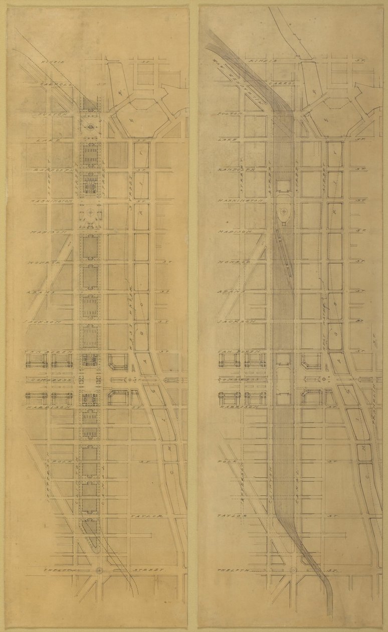 Plade 79 2 Tegninger fra The Plan of Chicago, 1909: Foreslået placering og arrangement af... af Daniel Burnham