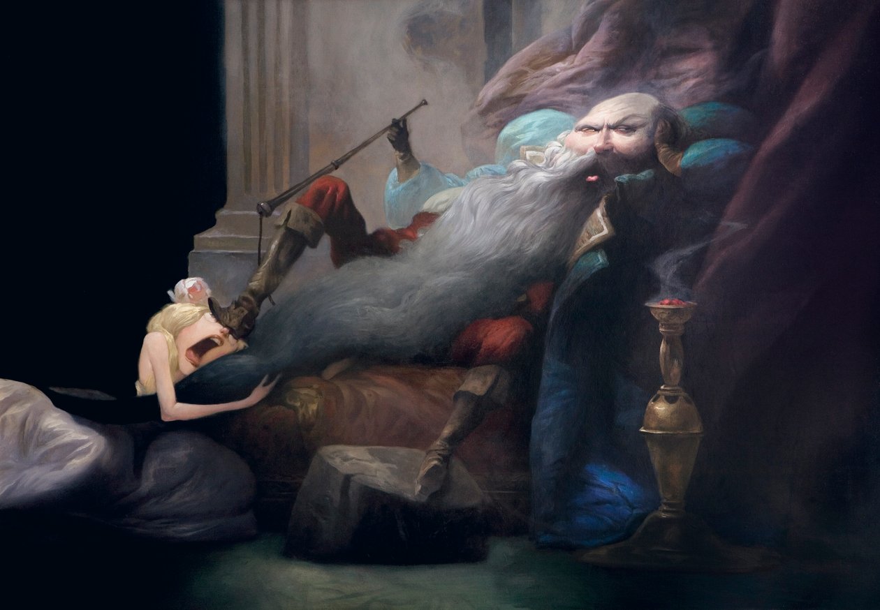 Og hun beder ham om at efterlade hende i live, fra Bluebeard af Charles Perrault (1628-1703) af Daniel Cacouault