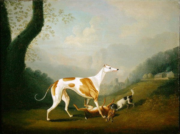 Greyhound med en spanielhvalp og død hare (olie på lærred) af Daniel Clowes
