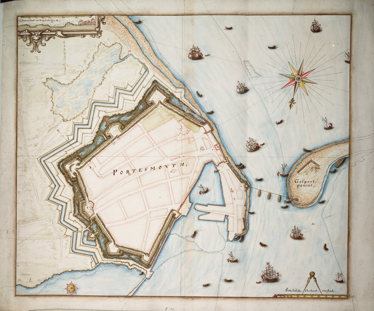 Kort over Portsmouth, ca. 1668 (linned, papir) af Daniel Favreau de la Fabvolliere