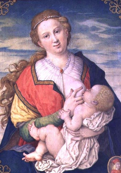 Jomfru og barn, 1600 efter tegning af Albrecht Durer (1471-1528) (se 70446) (wc på pergament placeret på panel) af Daniel Froschl