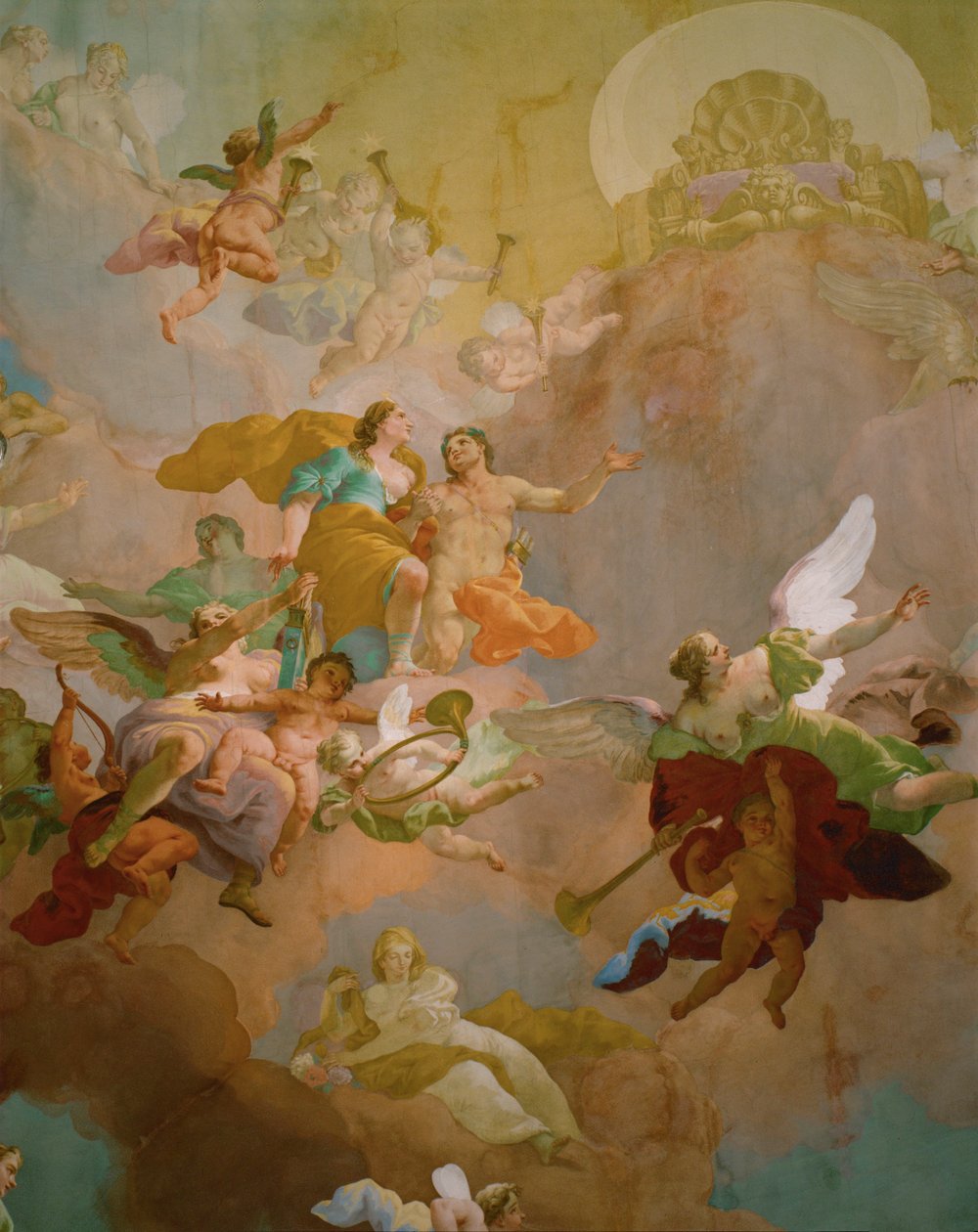 Hermes fører Diana, jagtens gudinde, op på Olympen, hvor Zeus har forladt sin trone til fordel for hende (freskomaleri) af Daniel Gran