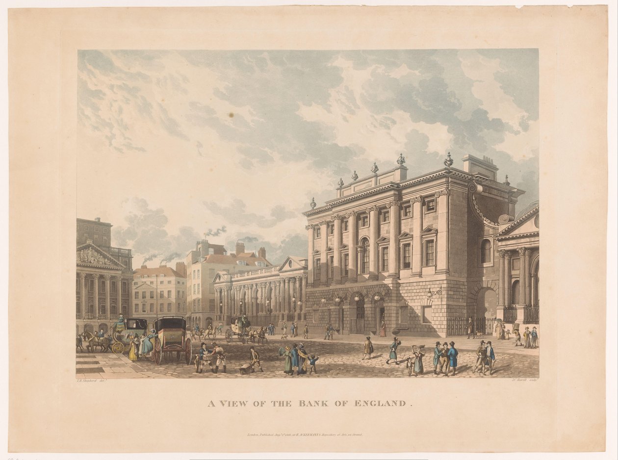 Udsigt over Bank of England, London En visning af Bank of England (titel på objekt) af Daniel Havell
