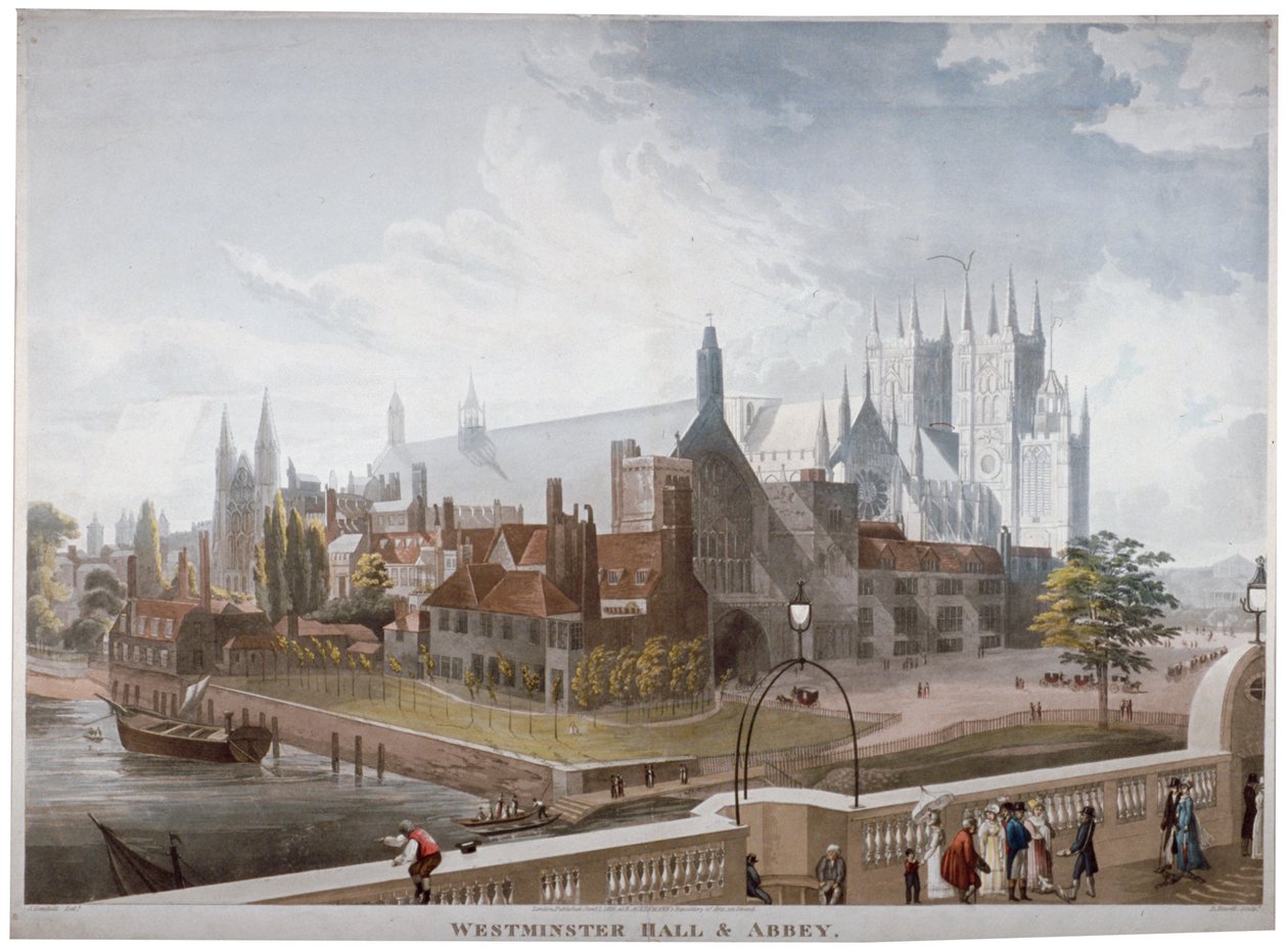 Udsigt over Westminster Hall og Abbey, fra Westminster Bridge, London, 1819. af Daniel Havell