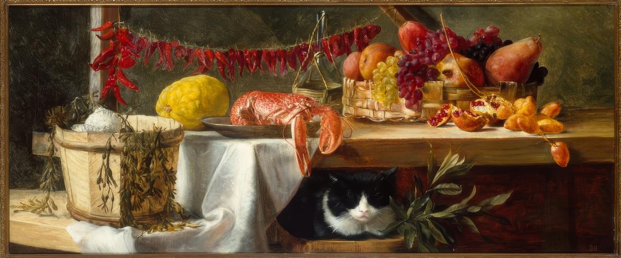 Stilleben med peberfrugter, frugter, en hummer og en kat af Daniel Hock