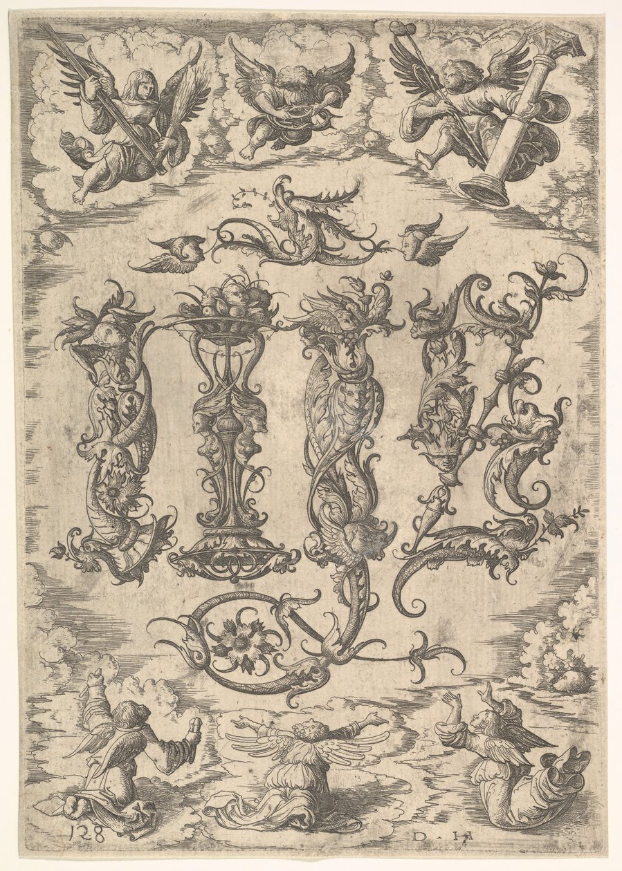 IHS Monogram omgivet af Six Angels, ca. 1485-1536. af Daniel Hopfer