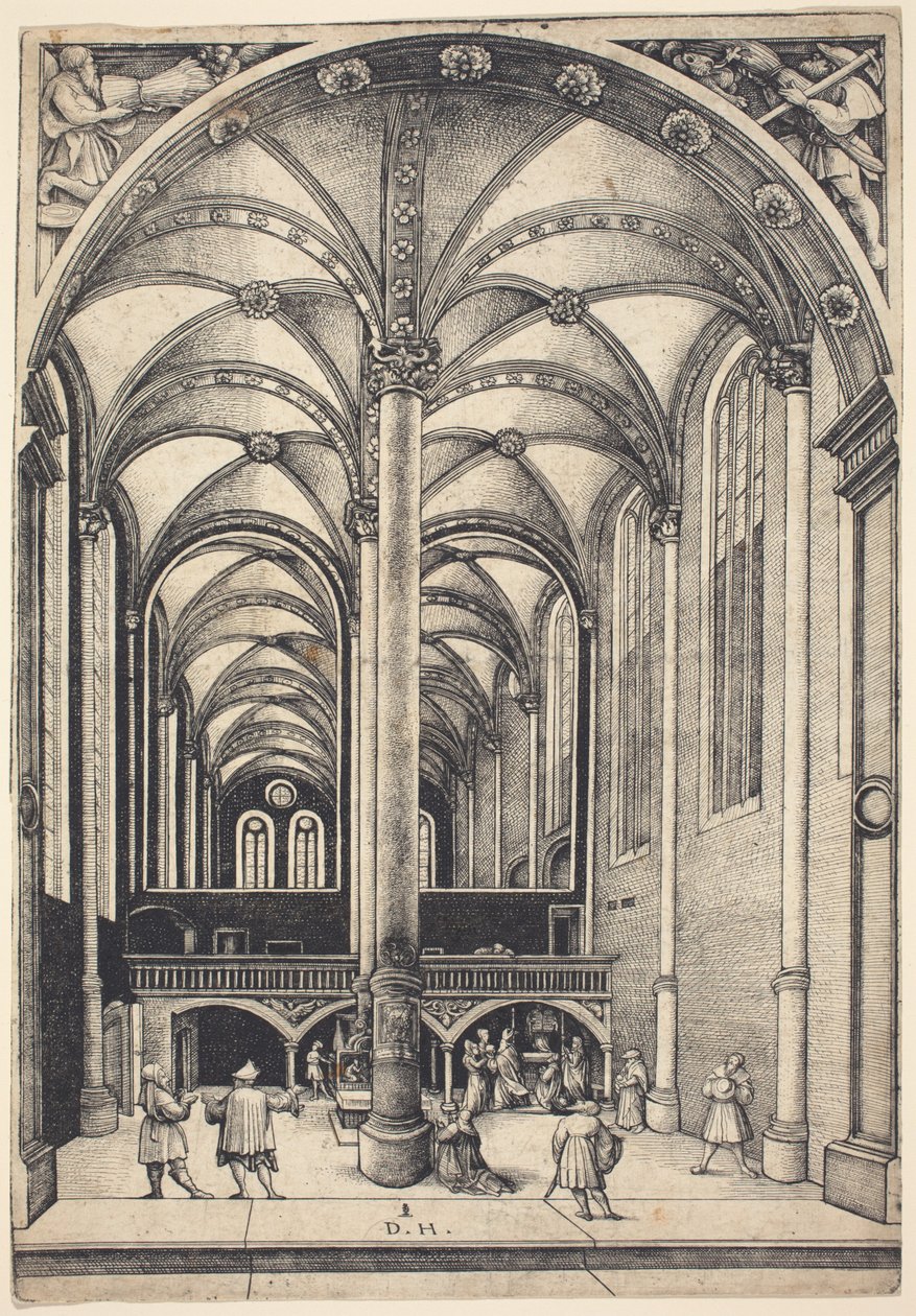 Interiør af Sankt Maria Magdalenas kirke med lignelsen om enkens offergave af Daniel Hopfer