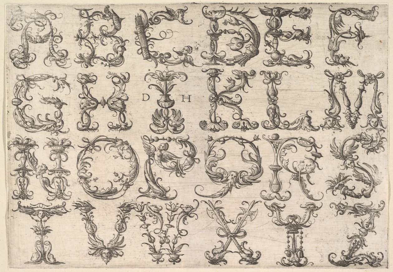 Ornamenteret romersk majuscule-alfabet, ca. 1520. af Daniel Hopfer