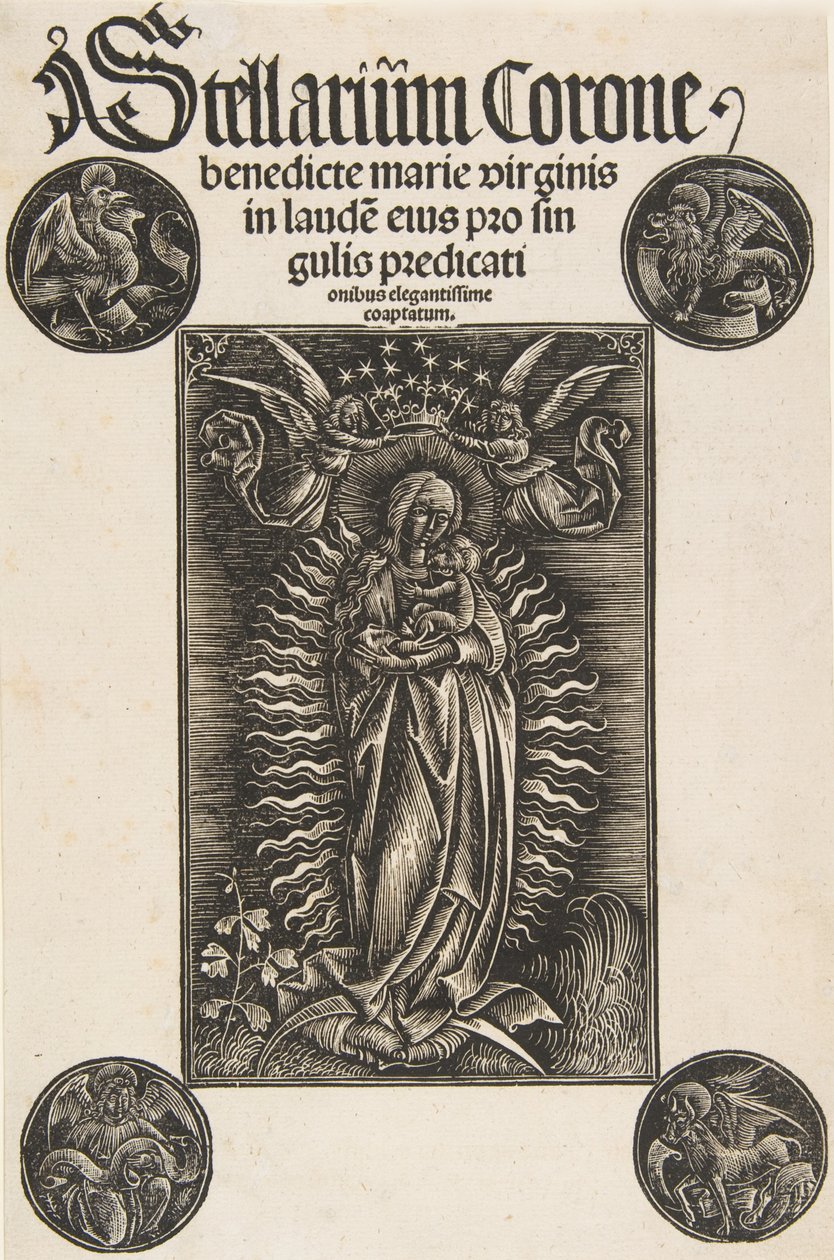 Jomfru på en halvmåne, titelblad fra Pelbartus de Temesvar: Stellarium corone Schr. 2869..., 1502. af Daniel Hopfer.