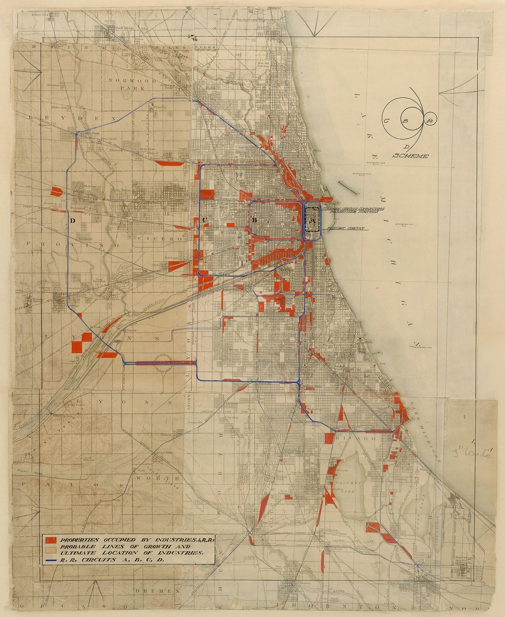 Plan over Chicago, Chicago, Illinois, Jernbanekredsløbsdiagram af Daniel Hudson Burnham