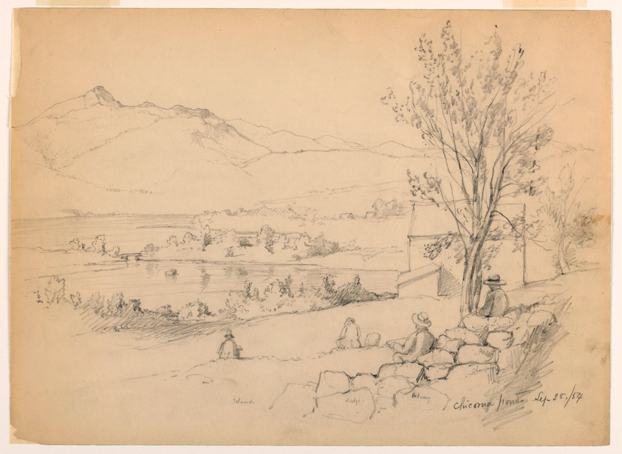 Tegning, Kunstnere skitserer ved Chocorua Pond, New Hampshire, 28. september 1854 af Daniel Huntington