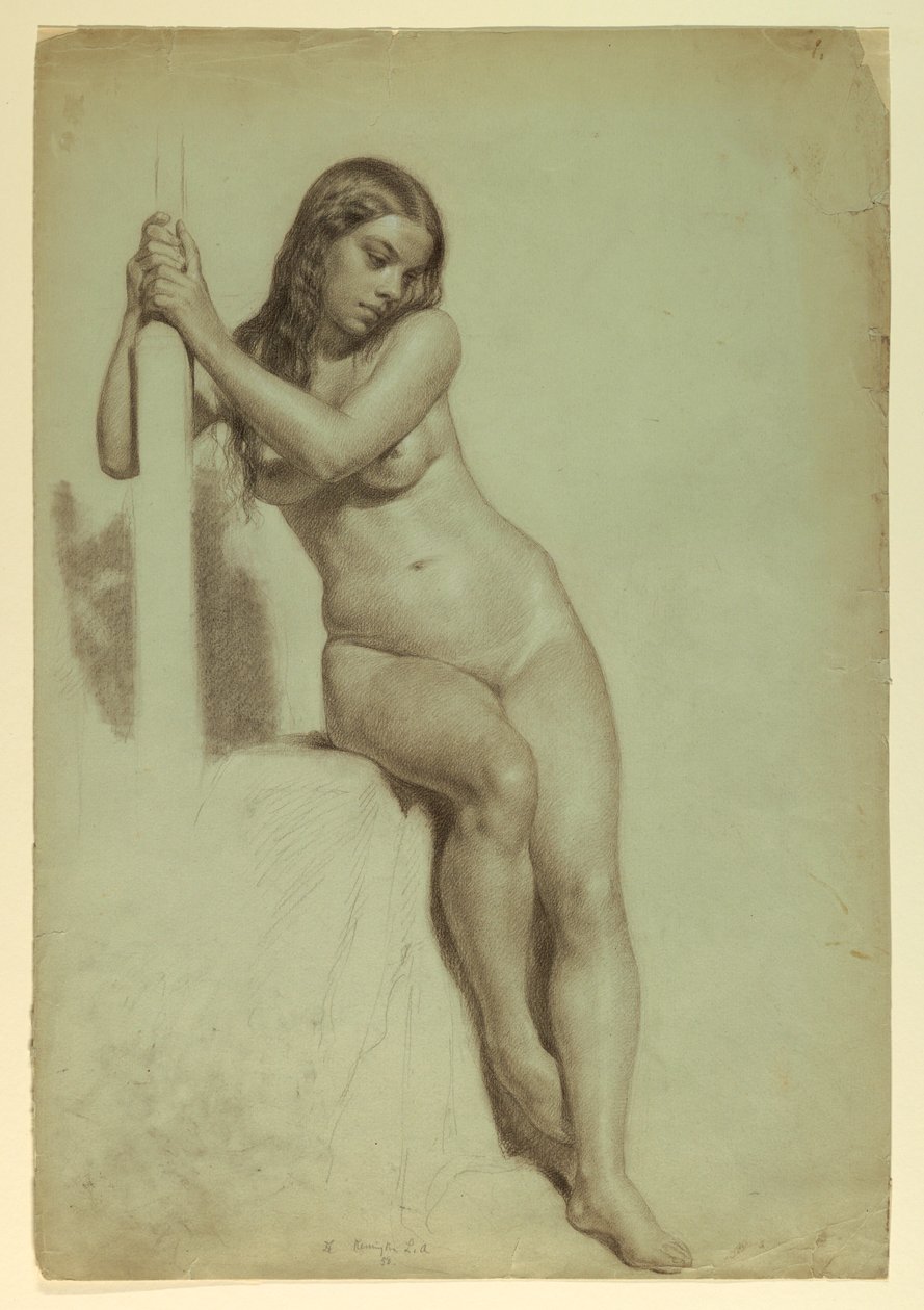 Tegning, Kvindelig nøgen siddende på en skammel, 1858 af Daniel Huntington