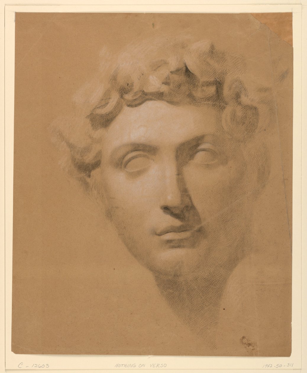 Tegning, mandligt hoved fra en gips, 1840 af Daniel Huntington