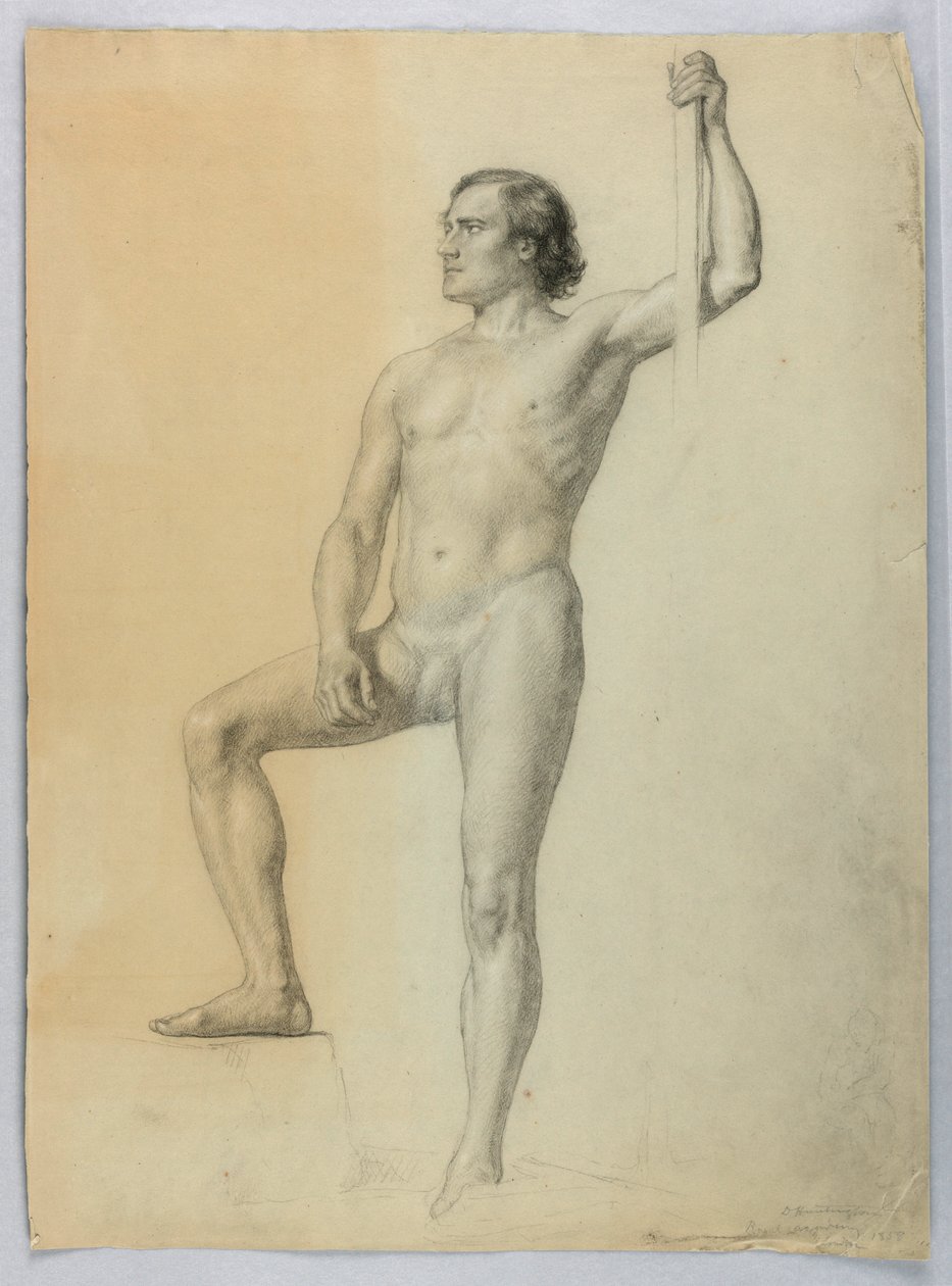 Tegning, Mandlig nøgen med en fod på et trin, 1858 af Daniel Huntington