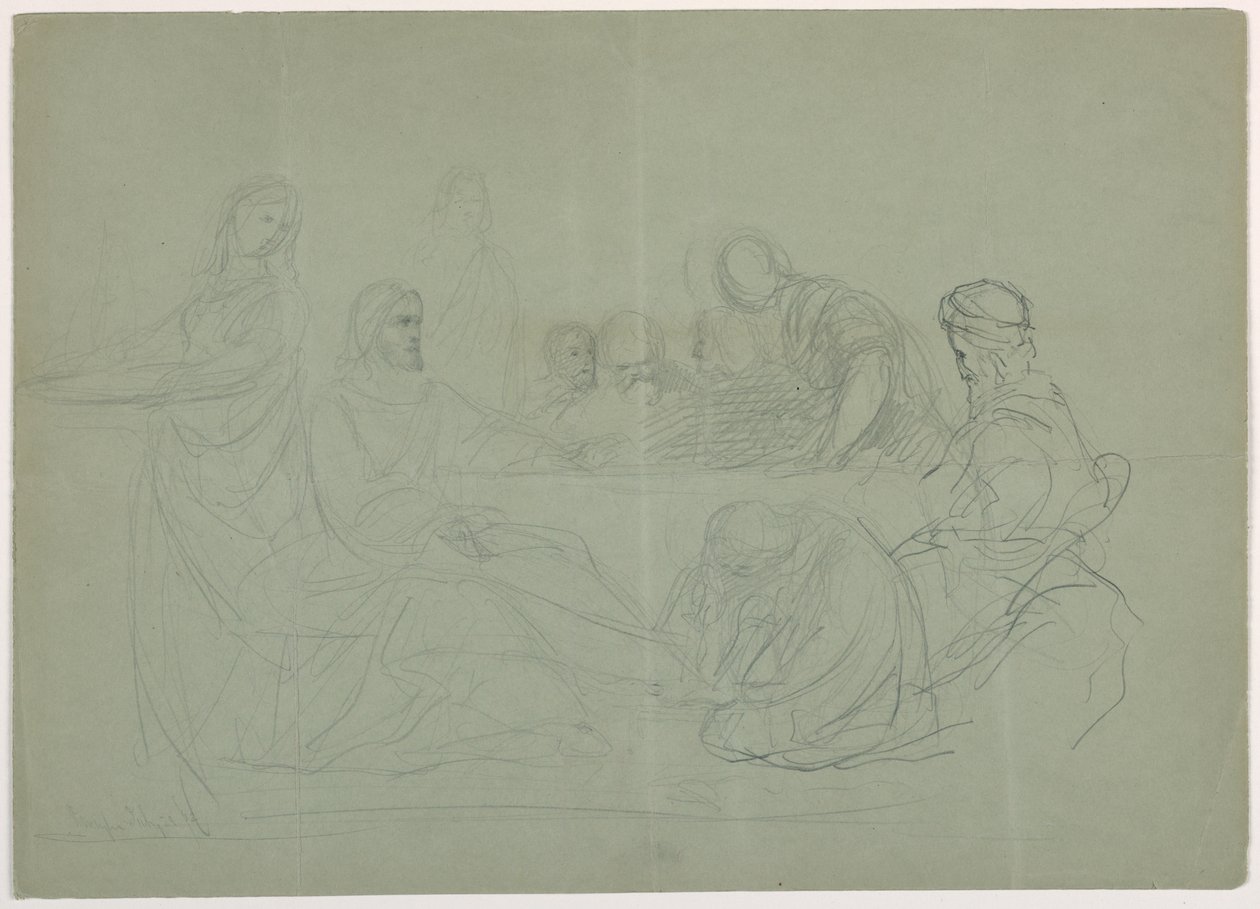 Tegning, Maria vasker Kristi fødder, flere mænd sidder ved et bord; bagside: noter, 1852 af Daniel Huntington