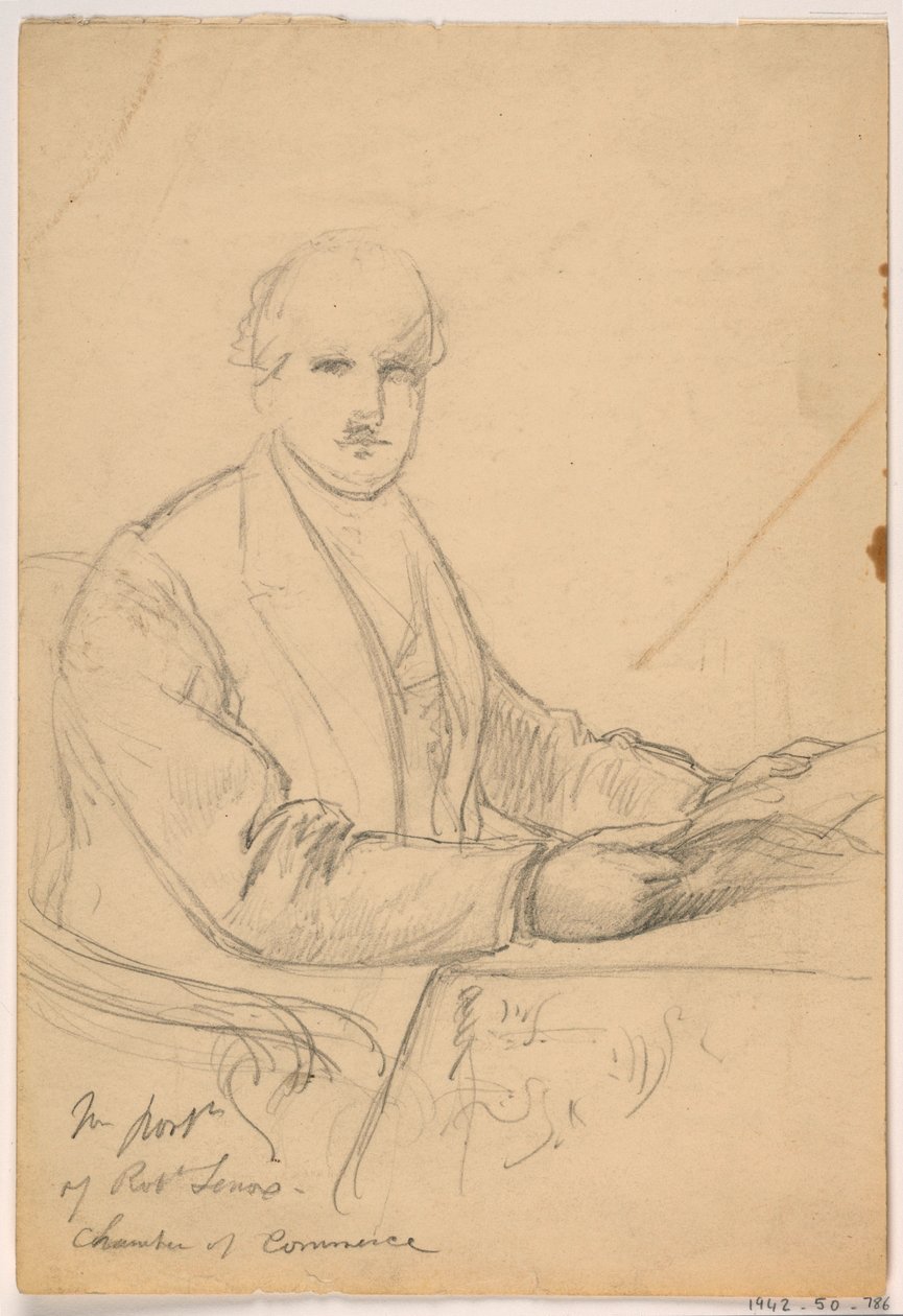Tegning, Robert Lenox siddende ved et skrivebord til portræt af handelskammeret, 1865 af Daniel Huntington