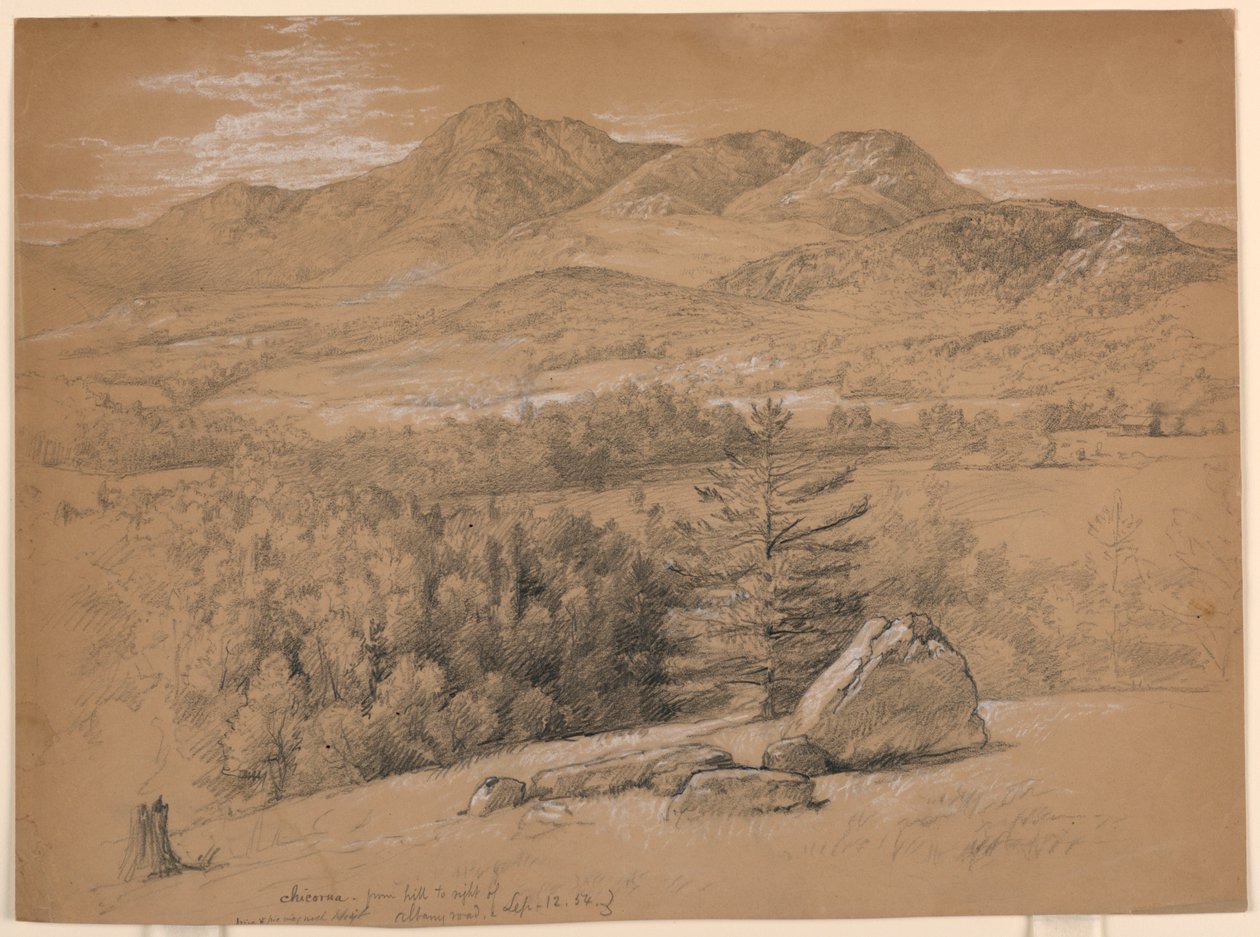 Tegning, Udsigt over Mount Chocorua, fra bakken til højre for Albany Road, 12. september 1854 af Daniel Huntington