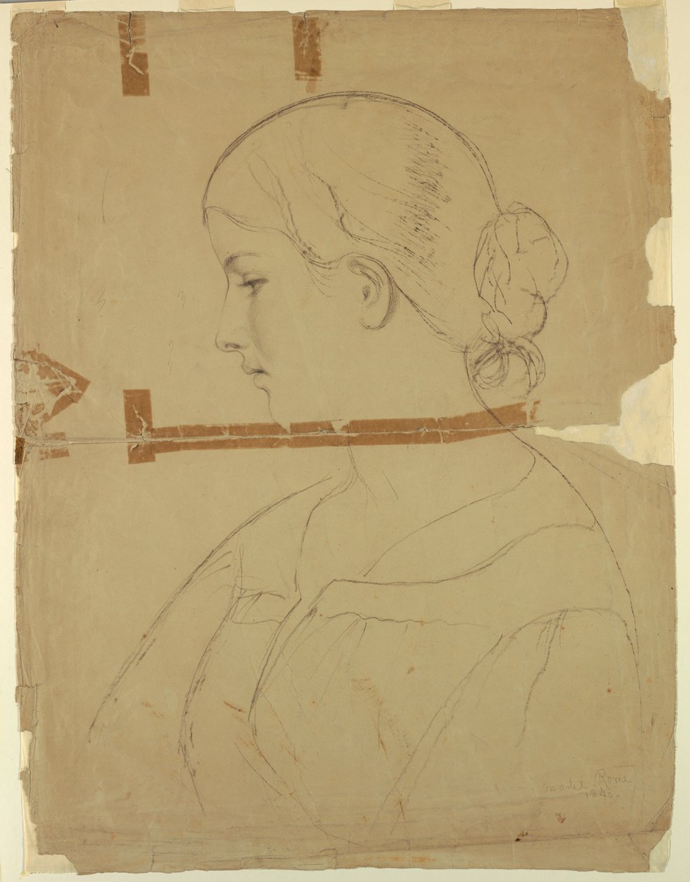 Tegning, Kvinde i profil, model i Rom, 1840 af Daniel Huntington