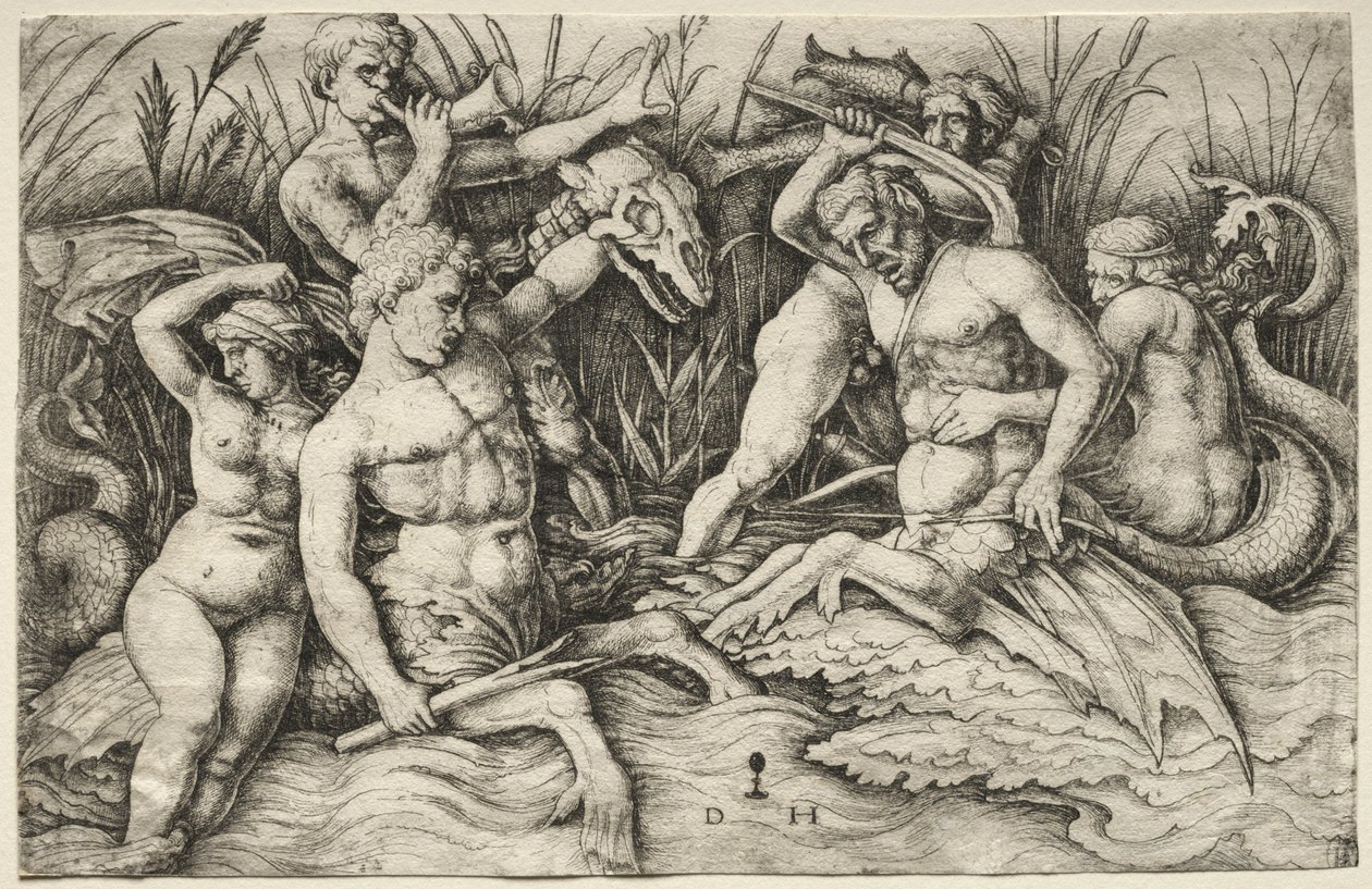 To Tritons kæmper - Battle of the Sea Gods (højre del) af Daniel I Hopfer
